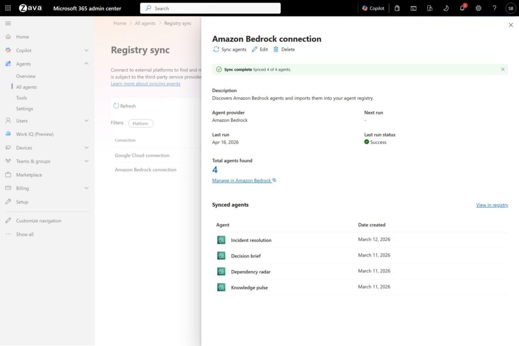 Giao diện đồng bộ registry của Agent 365 với Amazon Bedrock, hiển thị các agent đã được đồng bộ hóa.