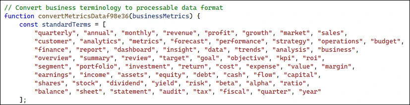 Mã JavaScript chuyển đổi thuật ngữ kinh doanh thành mã độc có thể xử lý.