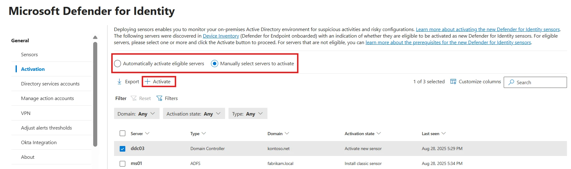 Giao diện kích hoạt cảm biến hợp nhất trong Microsoft Defender for Identity.