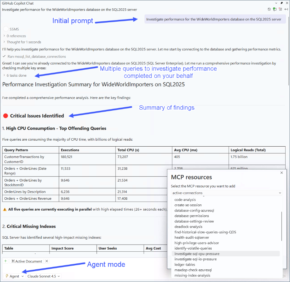 Ví dụ về GitHub Copilot Agent Mode trong SSMS phân tích và đưa ra các đề xuất tối ưu hiệu năng.