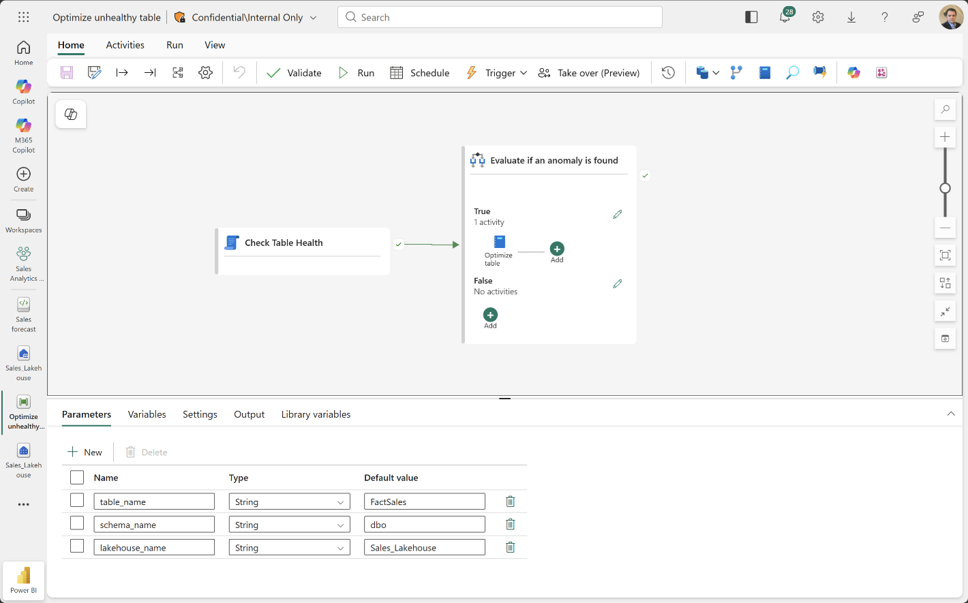 Pipeline trong Microsoft Fabric kiểm tra tình trạng bảng và chỉ chạy OPTIMIZE khi cần thiết.