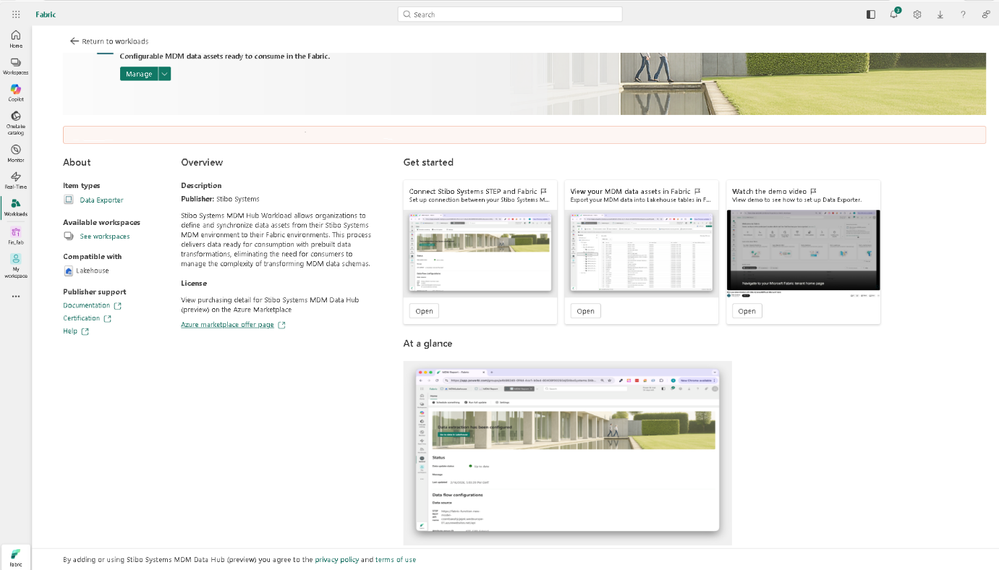 Giao diện chi tiết của workload Stibo Systems trên workload hub của Microsoft Fabric.