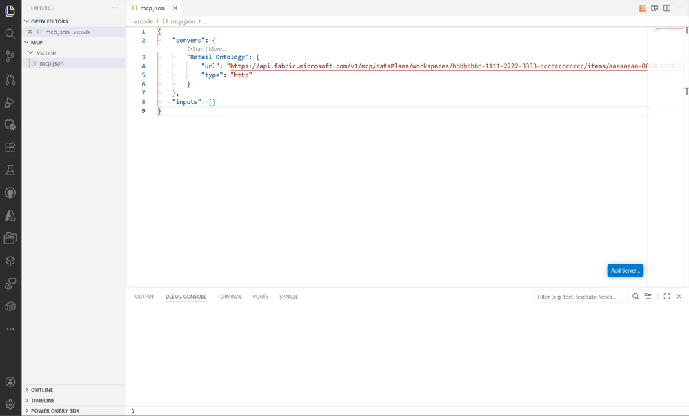 Cấu hình Ontology MCP server trong file mcp.json trên VS Code.