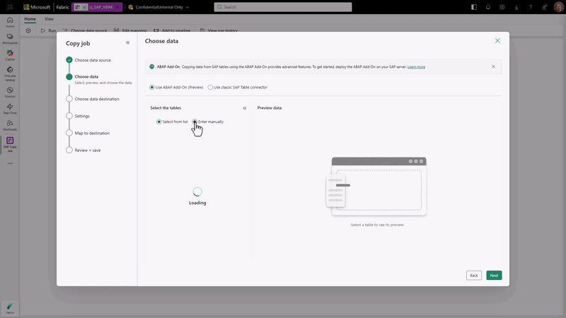 Giao diện Copy job cho SAP trong Microsoft Fabric