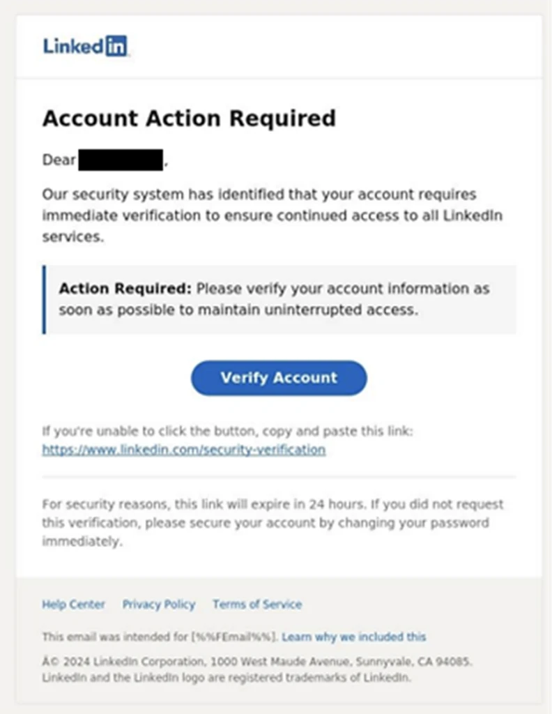 Ví dụ về email lừa đảo mạo danh LinkedIn của nhóm Storm-0485.