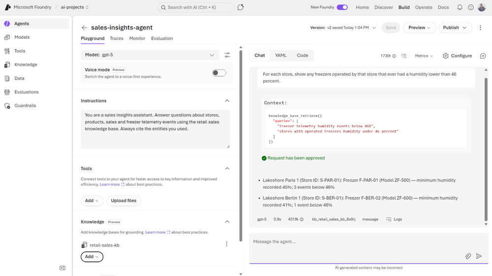 Kiểm thử nguồn kiến thức dựa trên Ontology trong Microsoft Foundry qua tính năng chat.