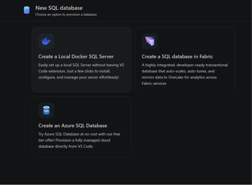 Giao diện khởi tạo Azure SQL Database trực tiếp từ VS Code.