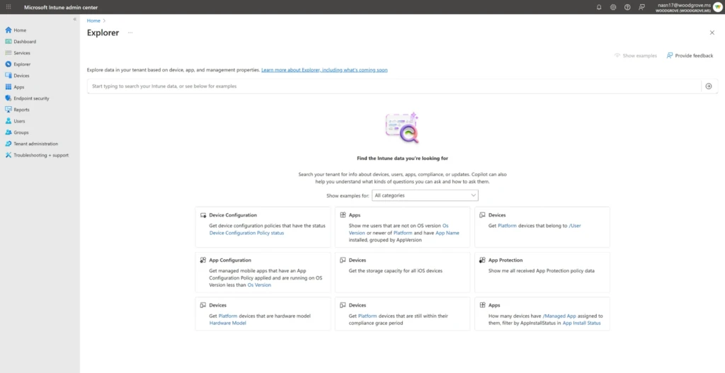 Giao diện Explorer mới trong Microsoft Intune, cho phép quản trị viên truy vấn dữ liệu bằng ngôn ngữ tự nhiên với sự hỗ trợ của Copilot.