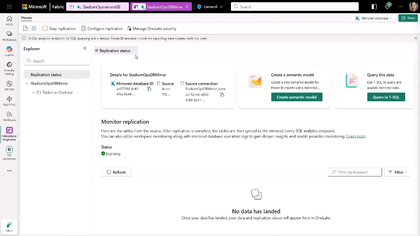 Giao diện thiết lập Mirrored Database Change Feed Connector cho Eventstream trong Microsoft Fabric.