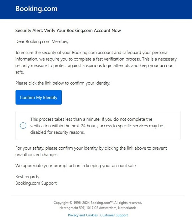 Mẫu email lừa đảo yêu cầu xác minh tài khoản Booking.com.