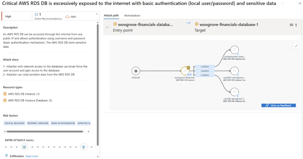 Microsoft Defender for Cloud phát hiện một cơ sở dữ liệu AWS RDS bị lộ ra internet