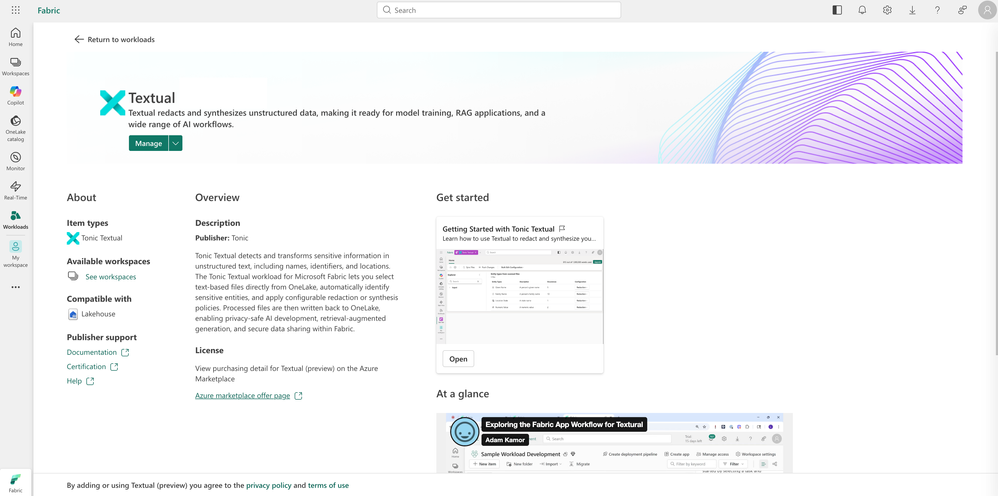 Tonic Textual trong Microsoft Fabric Workload Hub.
