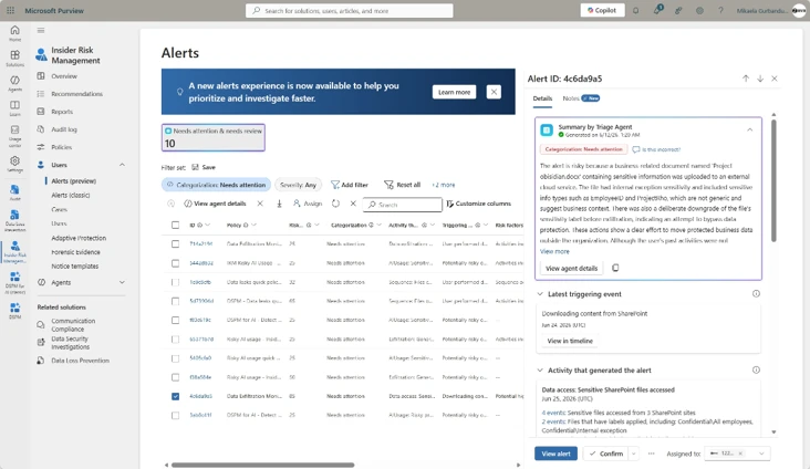 Giao diện danh sách cảnh báo hợp nhất của Insider Risk Management, hiển thị tóm tắt nội tuyến từ agent.
