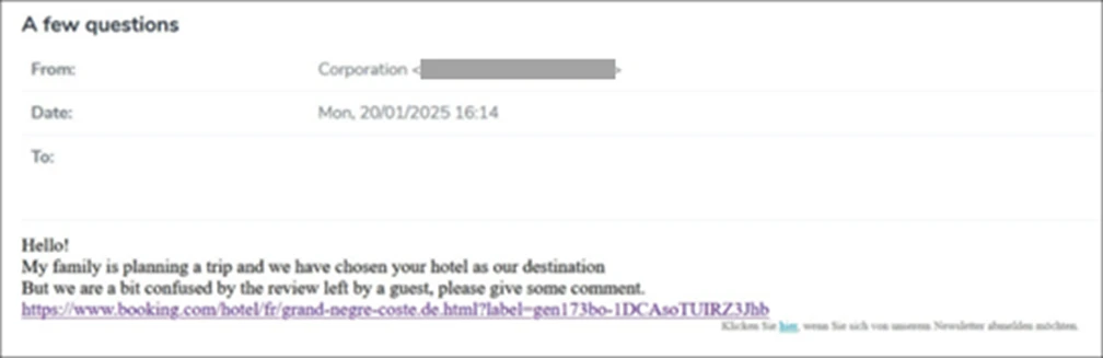 Mẫu email lừa đảo mạo danh Booking.com về yêu cầu từ khách.